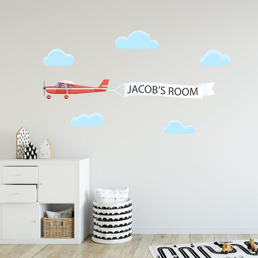 Airplane Banner Personalised Name Wall Sticker Kids Bedroom Art Decal Mural