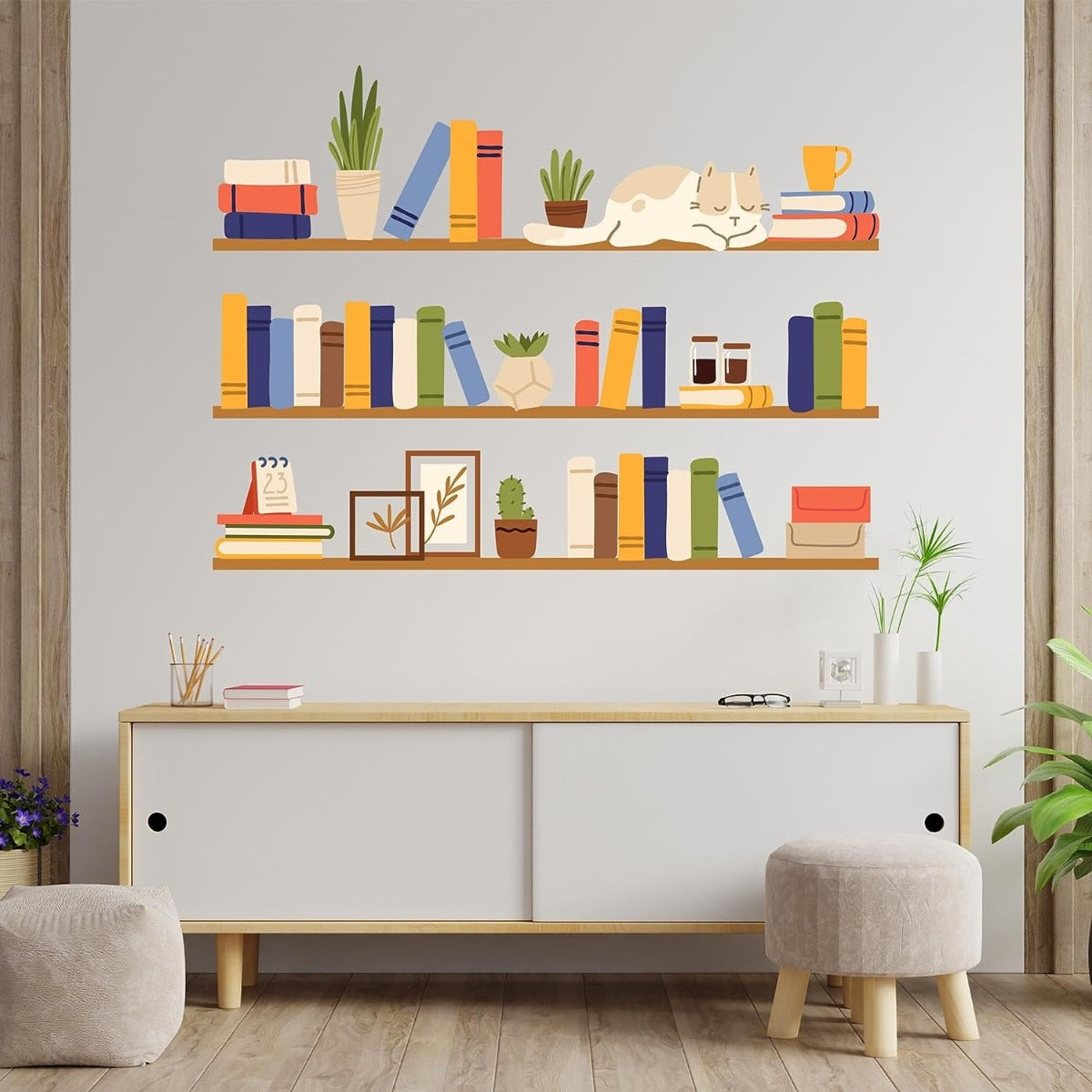 Shelves Books Plants Cat Wall Sticker