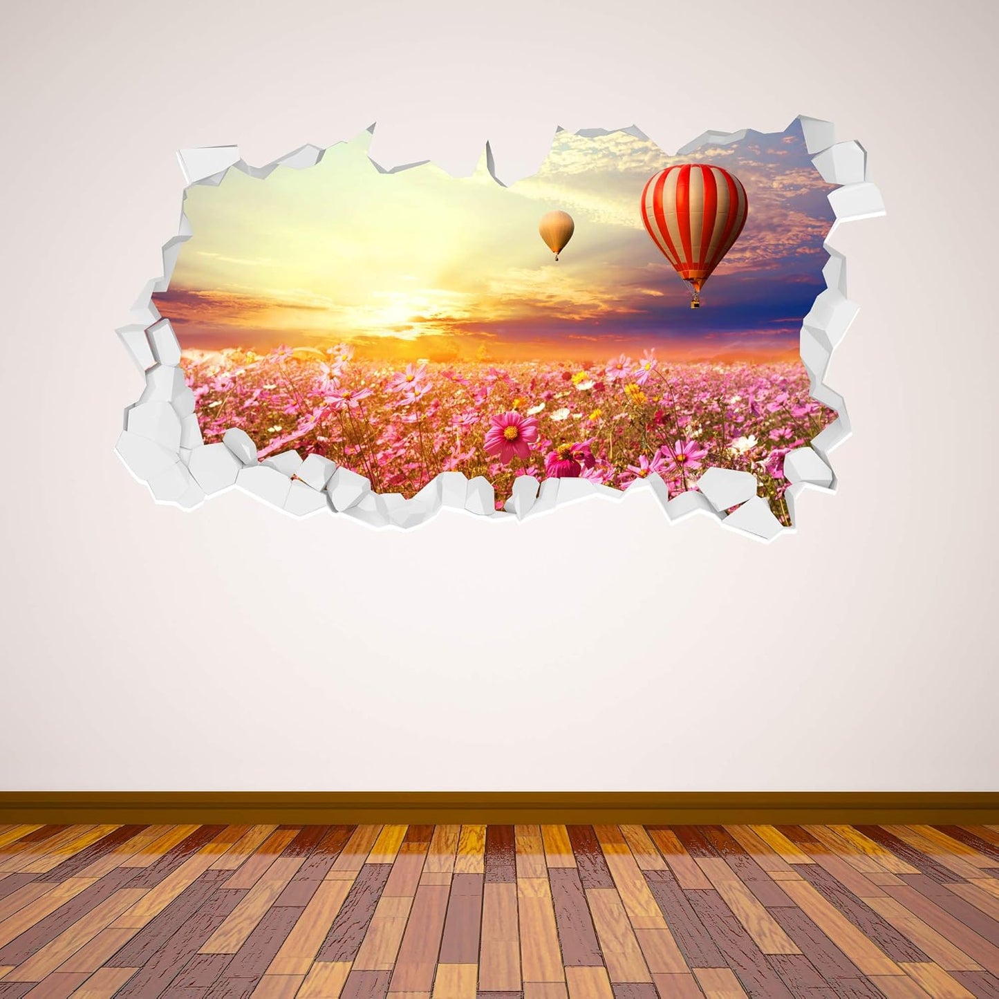 Cosmos Field Sunset Hot Air Balloon Broken Wall Sticker Mural Home Floral Art Vinyl Scenery Decal Flower