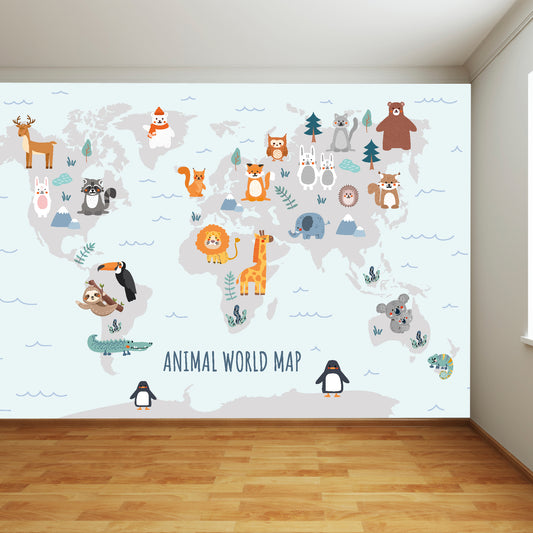 Animal World Map Full Wall Mural