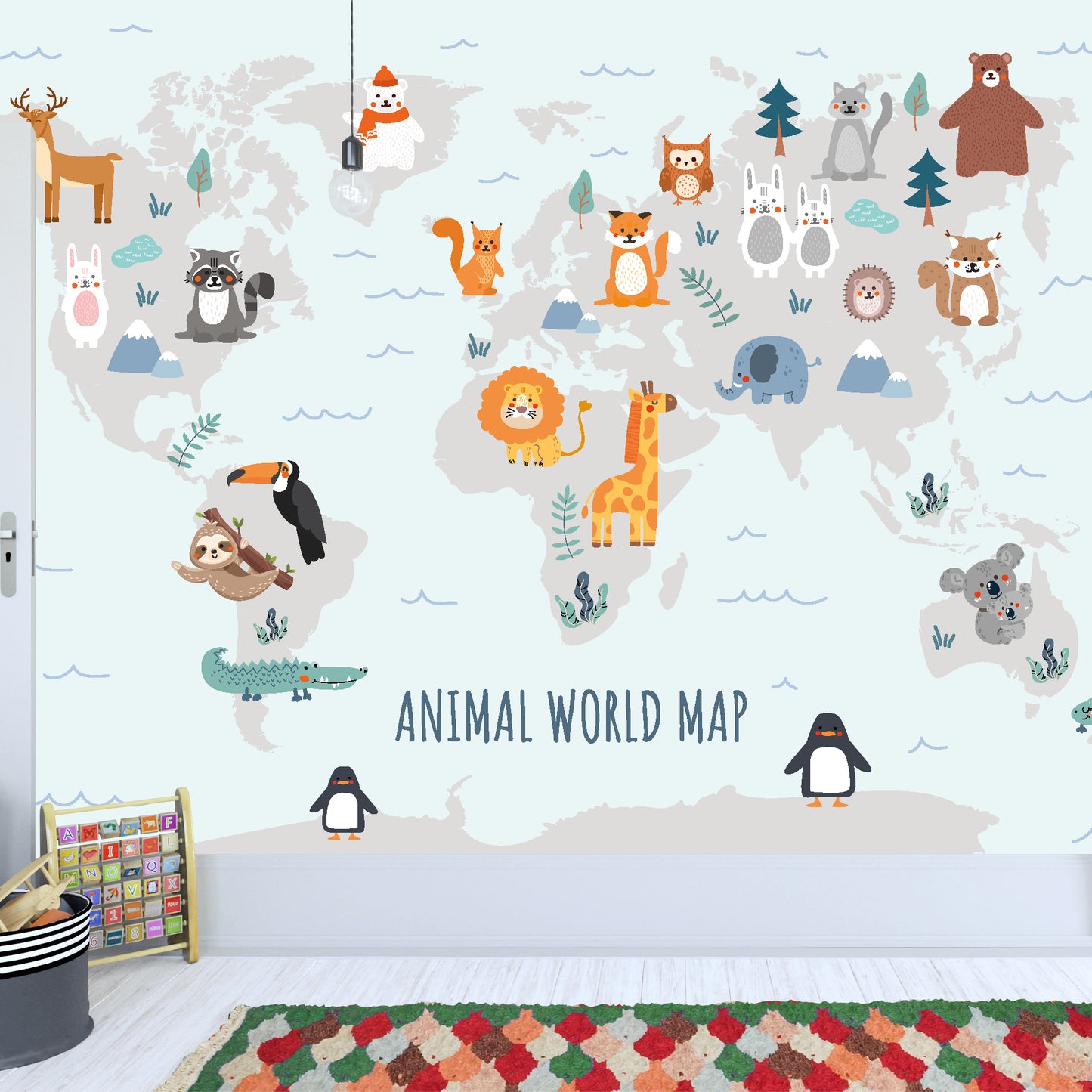 Animal World Map Full Wall Mural