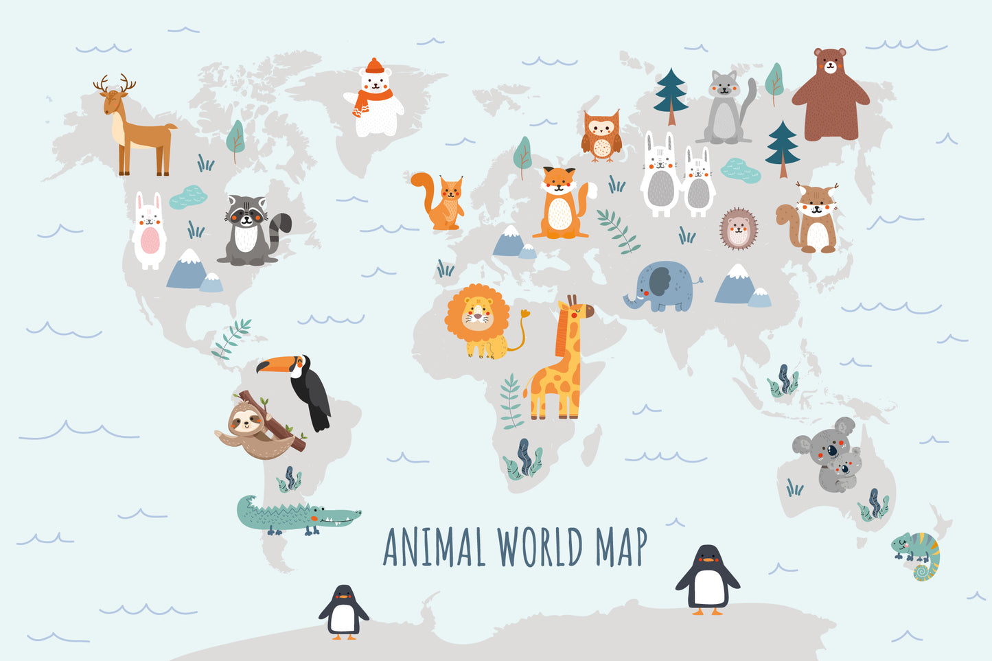 Animal World Map Full Wall Mural