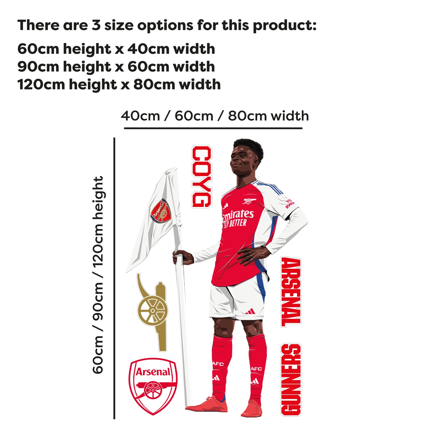Arsenal FC Wall Sticker - Bukayo Saka 24-25 Illustration + AFC Decals