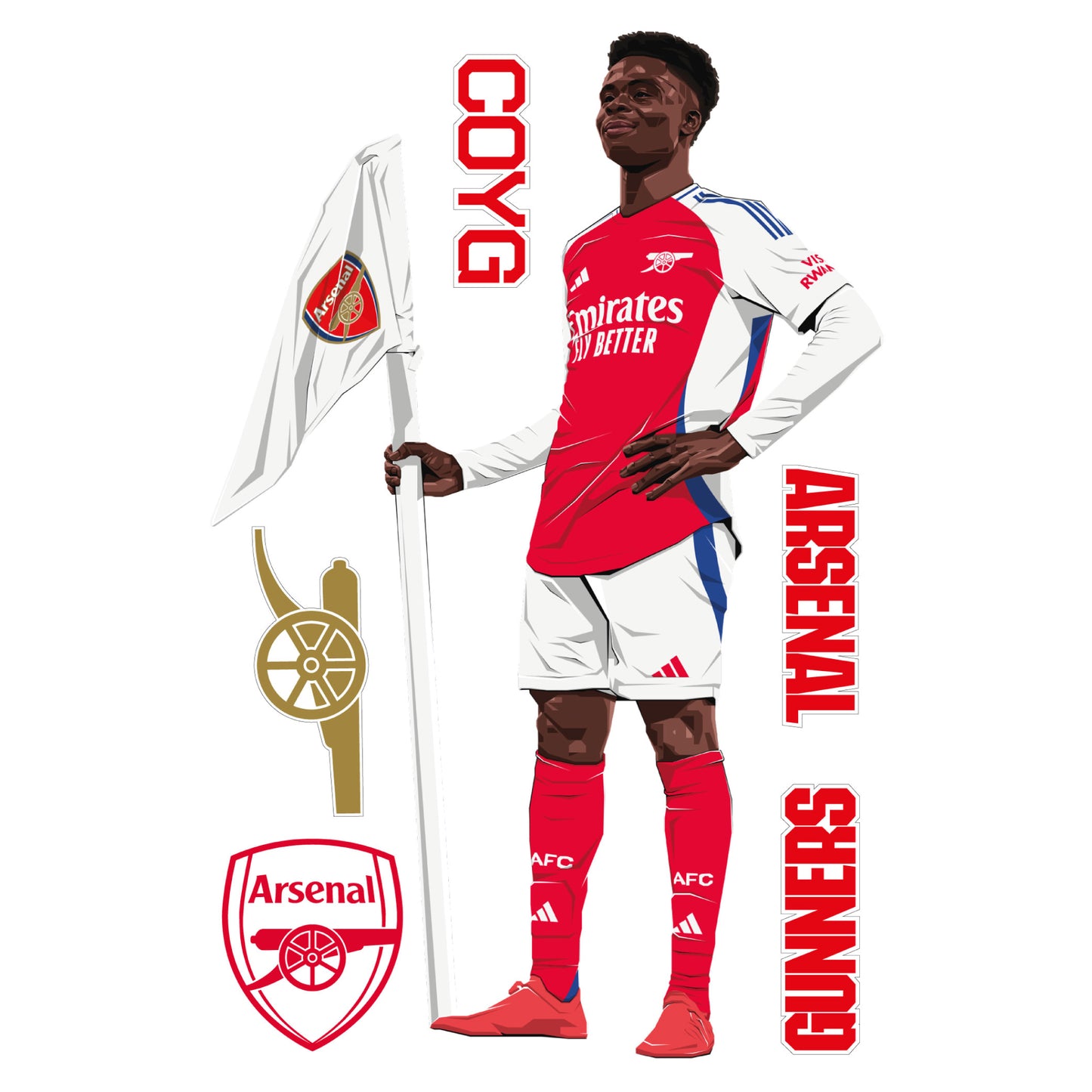 Arsenal FC Wall Sticker - Bukayo Saka 24-25 Illustration + AFC Decals