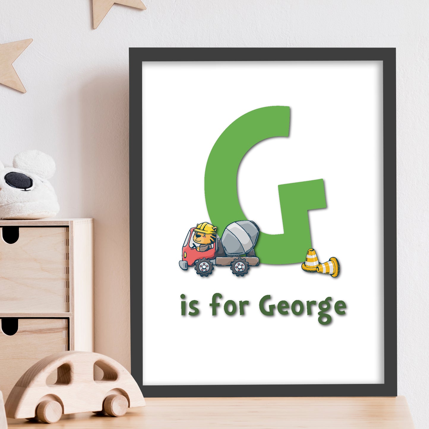 Construction Animal Letter Print -Tiger In Mixer Poster Wall Art