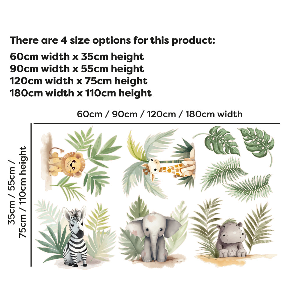 Watercolour Animals Wall Sticker - Dainty Jungle Animals and Leaves Decal Wall Art