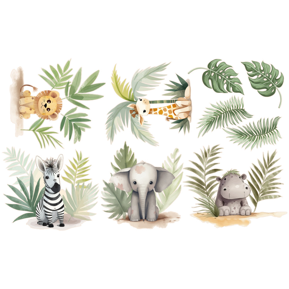 Watercolour Animals Wall Sticker - Dainty Jungle Animals and Leaves Decal Wall Art