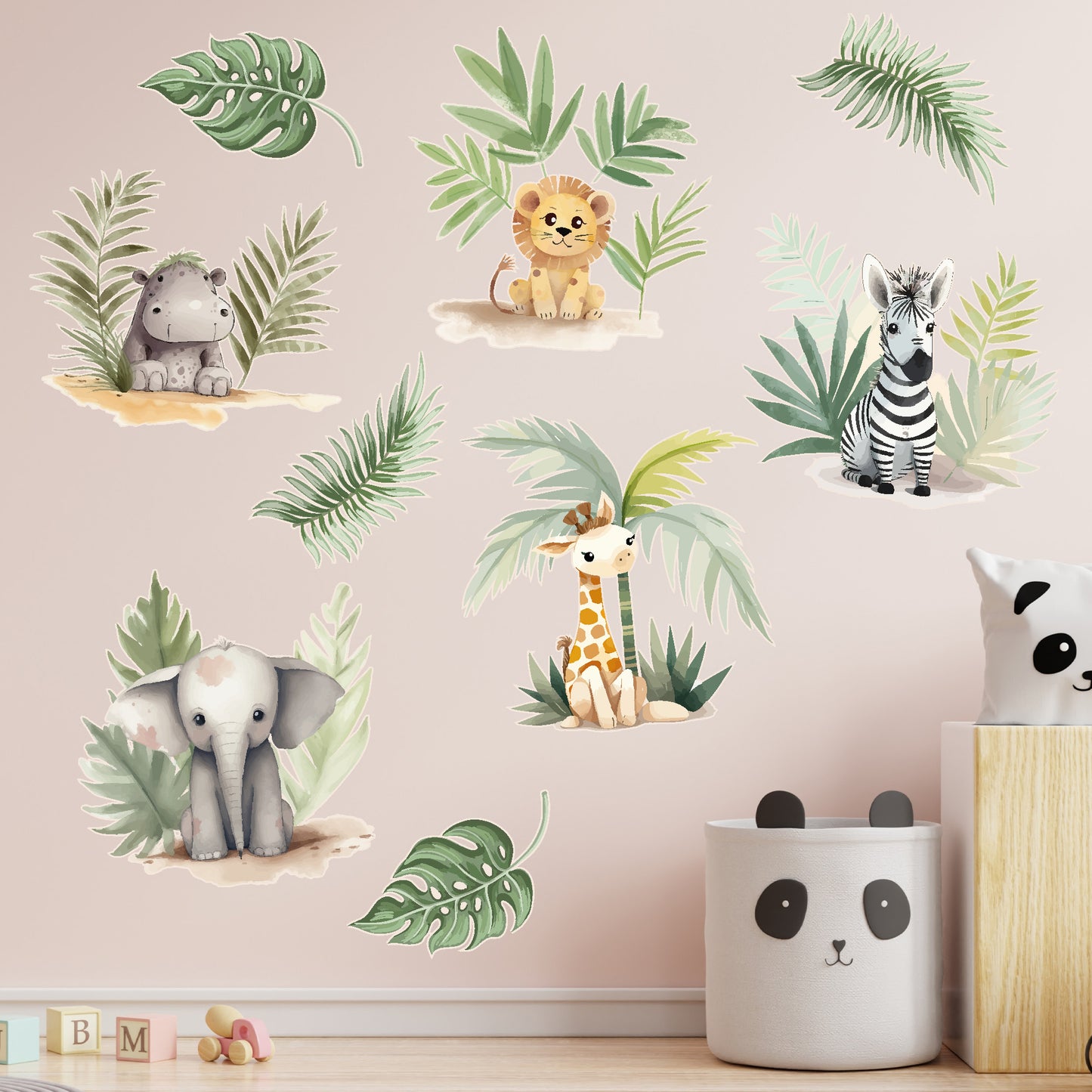 Watercolour Animals Wall Sticker - Dainty Jungle Animals and Leaves Decal Wall Art