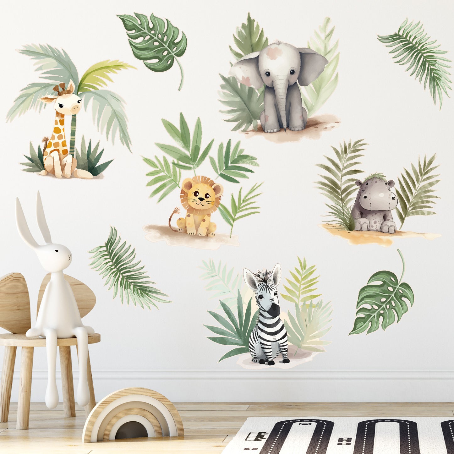 Watercolour Animals Wall Sticker - Dainty Jungle Animals and Leaves Decal Wall Art