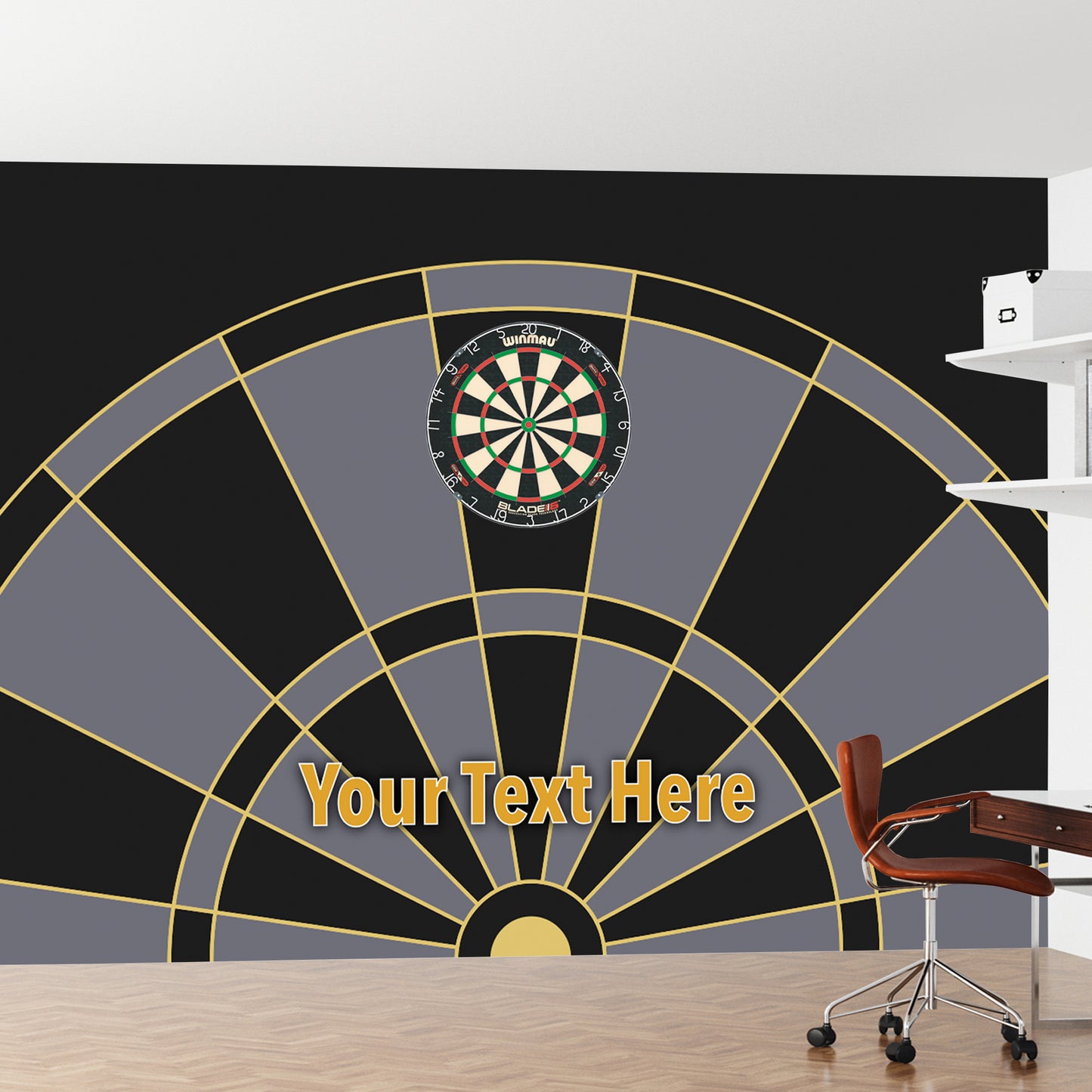 Darts Full Wall Mural - Black Grey and Gold Board with Personalised Text Wall Art
