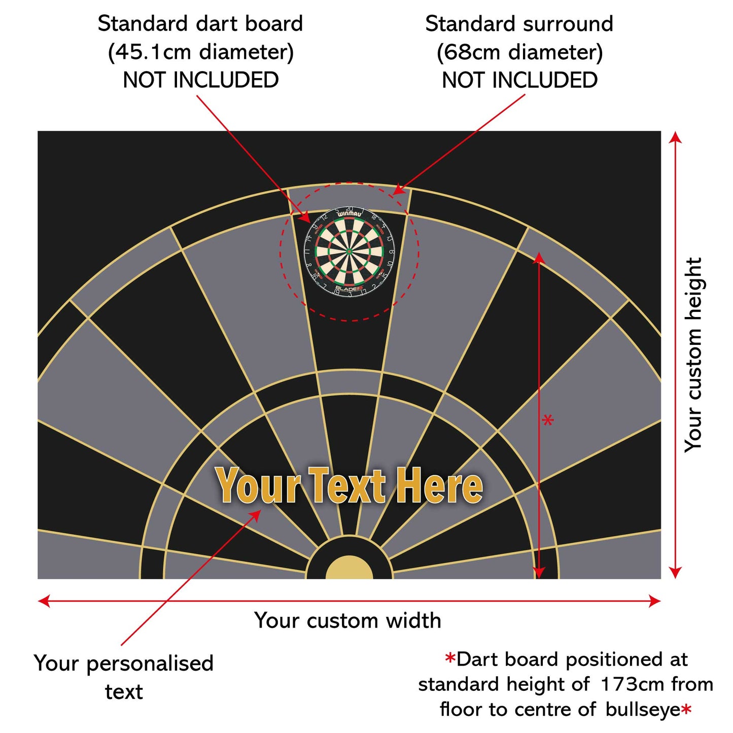 Darts Full Wall Mural - Black Grey and Gold Board with Personalised Text Wall Art