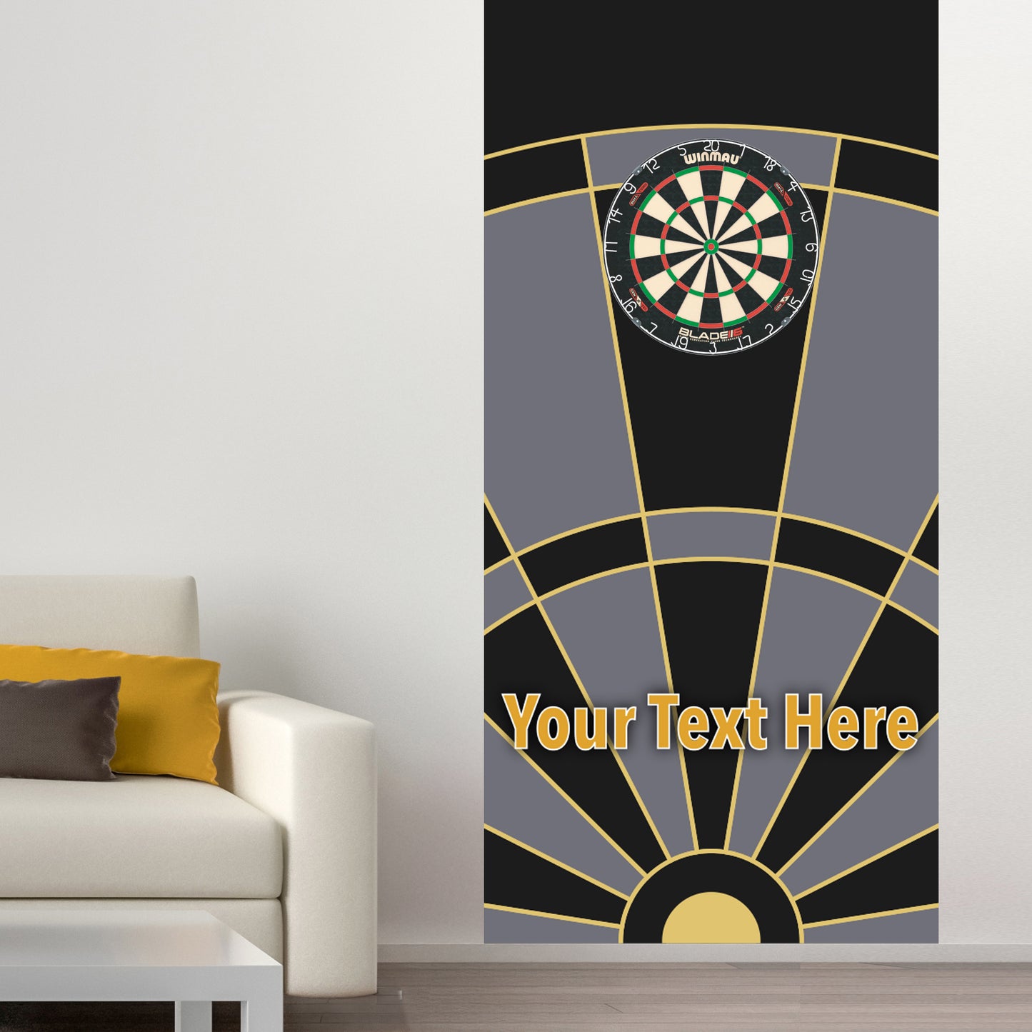 Darts Wall Sticker - Black Grey and Gold Board with Personalised Text Wall Art