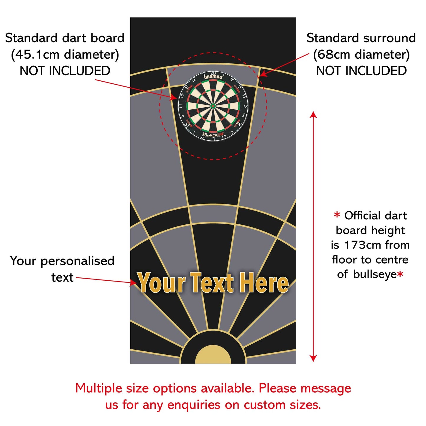 Darts Wall Sticker - Black Grey and Gold Board with Personalised Text Wall Art
