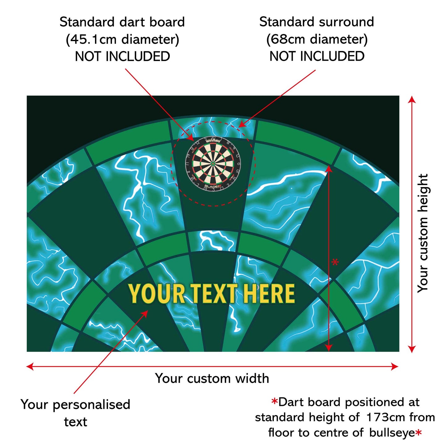 Darts Full Wall Mural - Green Lightning with Personalised Text Wall Art