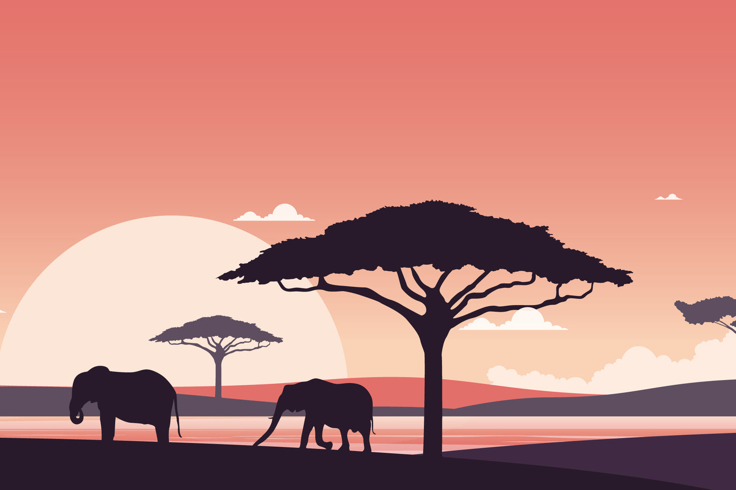 Elephant Safari At Sunset Full Wall Mural