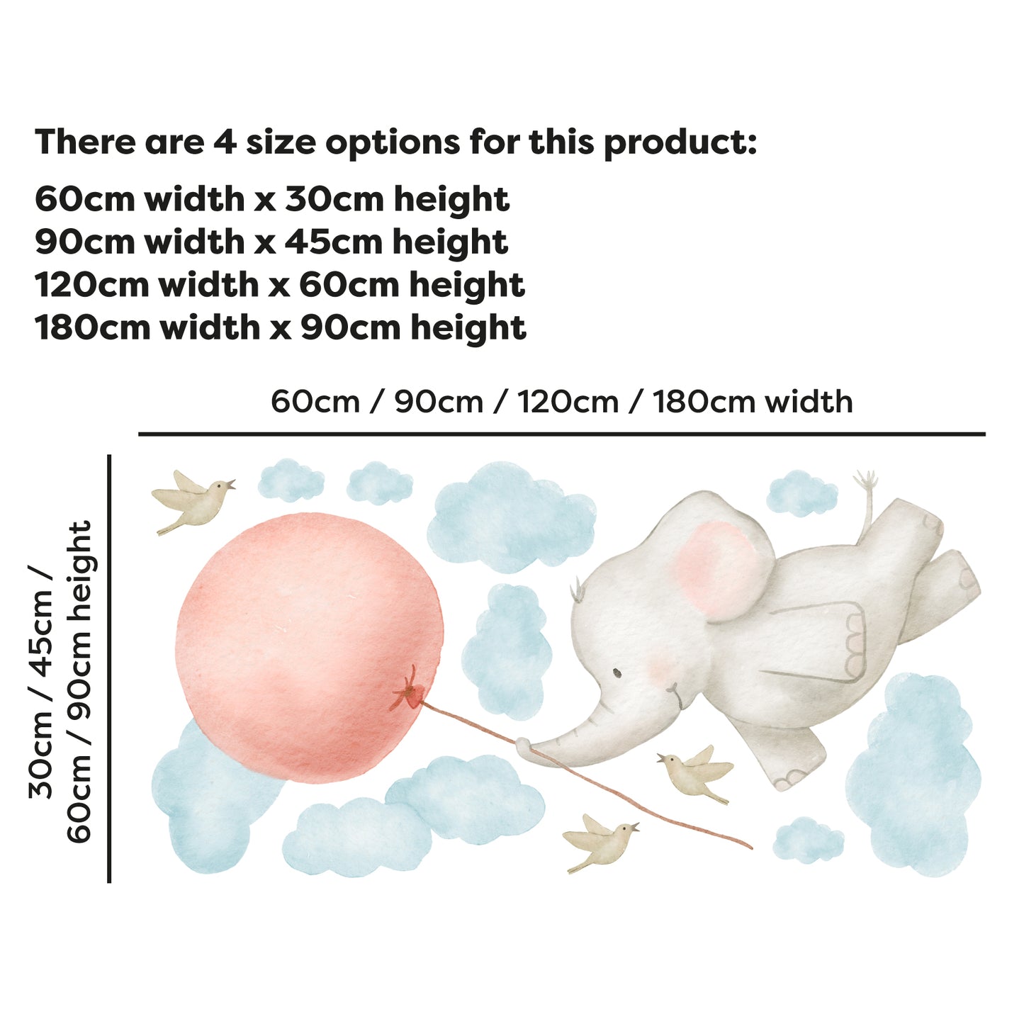 Watercolour Jungle Animal Wall Sticker - Elephant and Balloon Decal Wall Art
