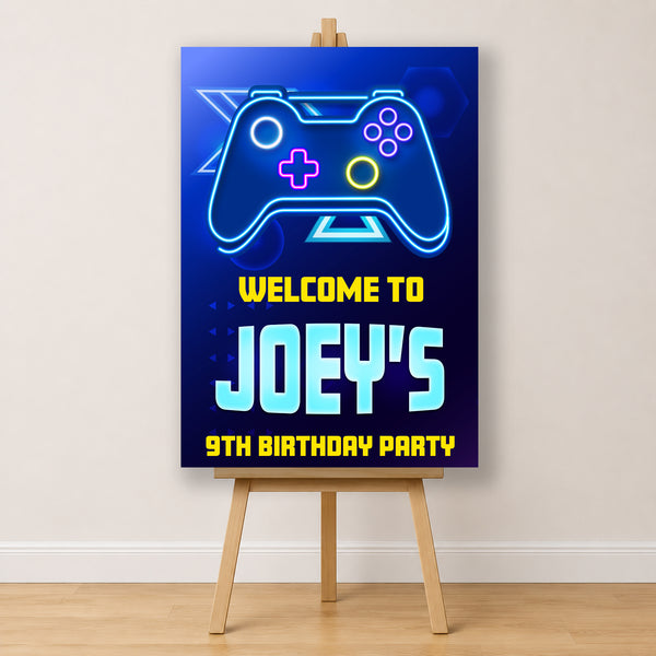 Gaming Birthday Sign - Blue Neon Controller Personalised Foamex Board