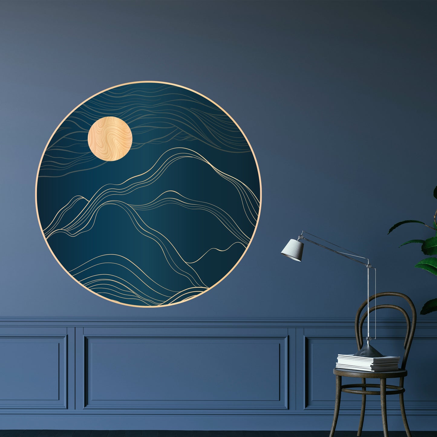 Bedroom Wall Sticker - Gold Mountain and Moon Circle Decal Wall Art