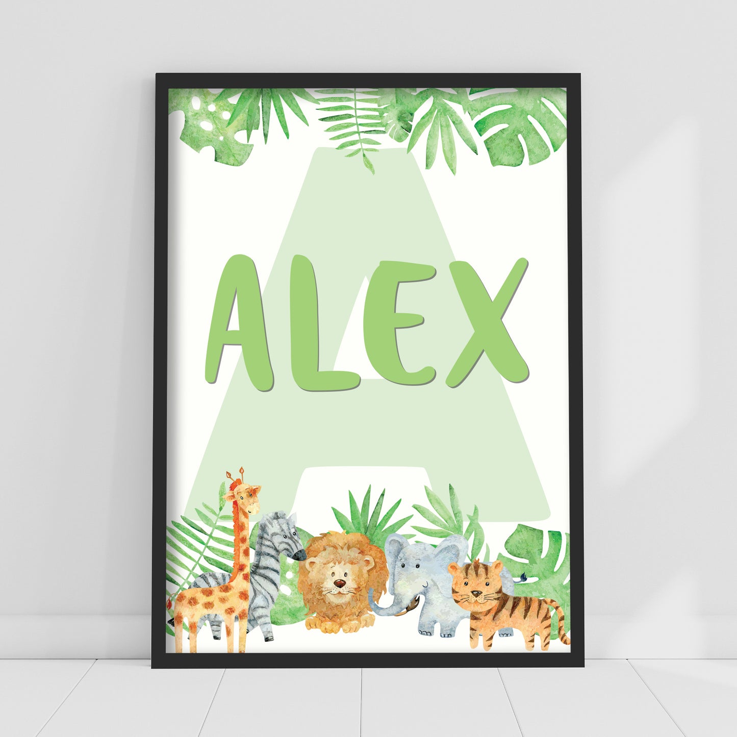 Watercolour Jungle Animal Wall Art Print - Personalised Text in Jungle Poster