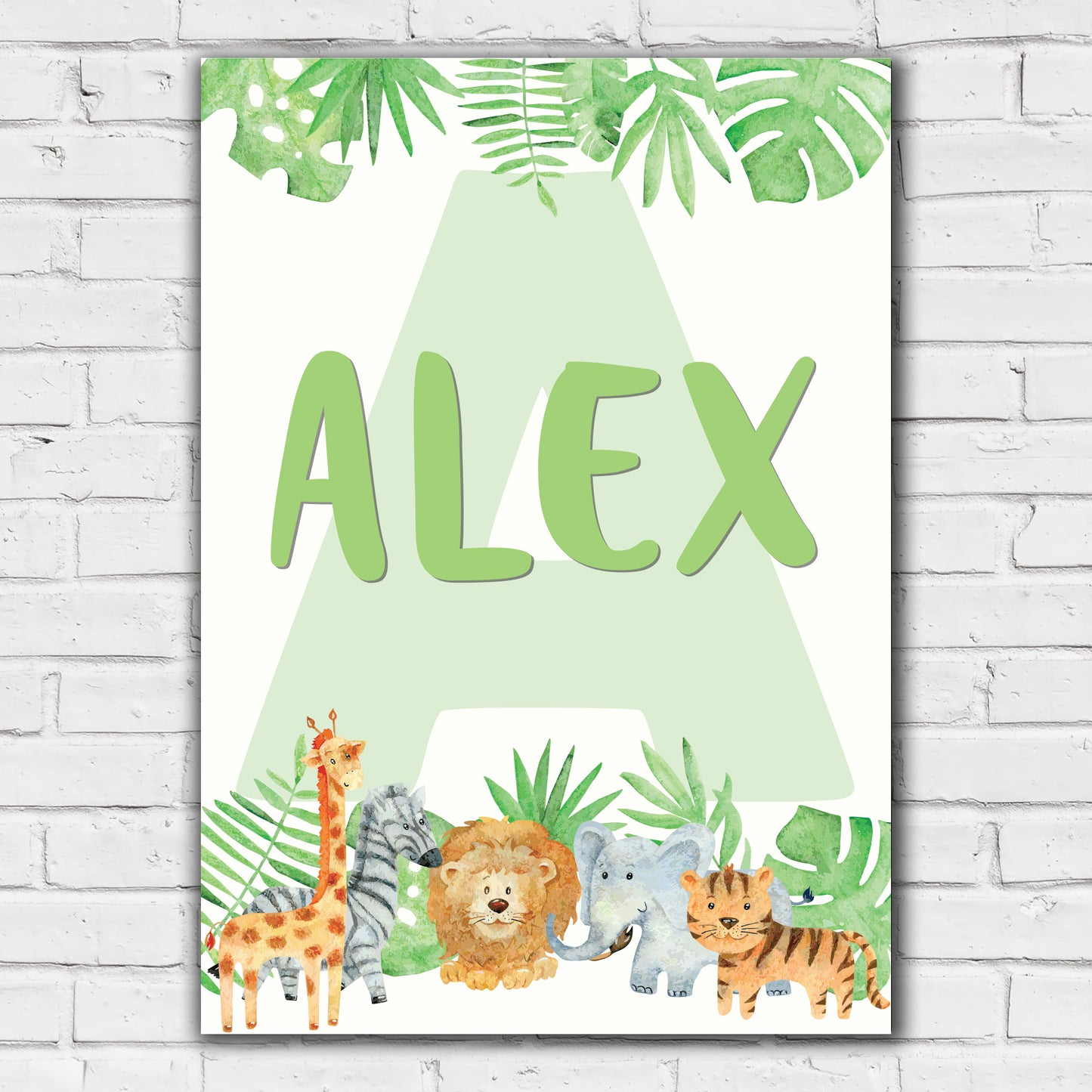 Watercolour Jungle Animal Wall Art Print - Personalised Text in Jungle Poster