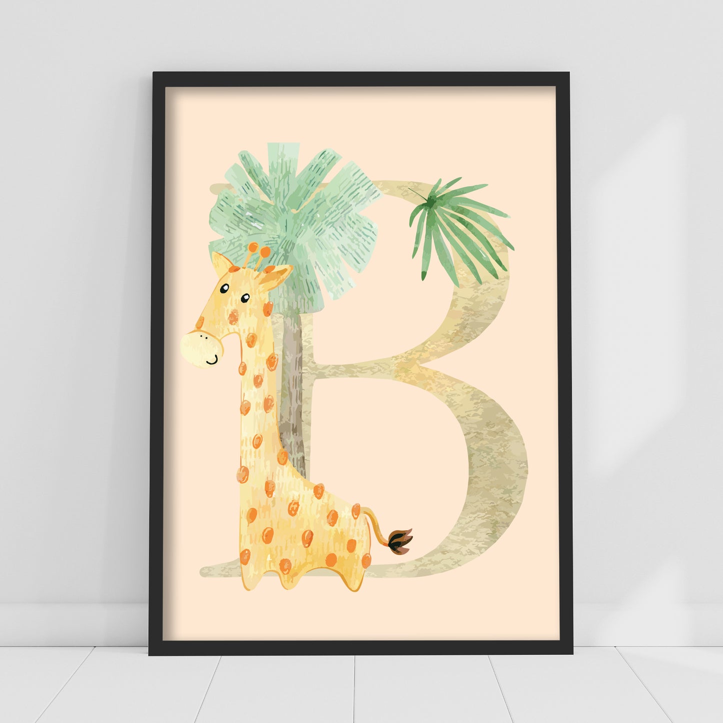 Watercolour Jungle Animal Wall Art Print - Jungle Animal with A-Z Letter Poster