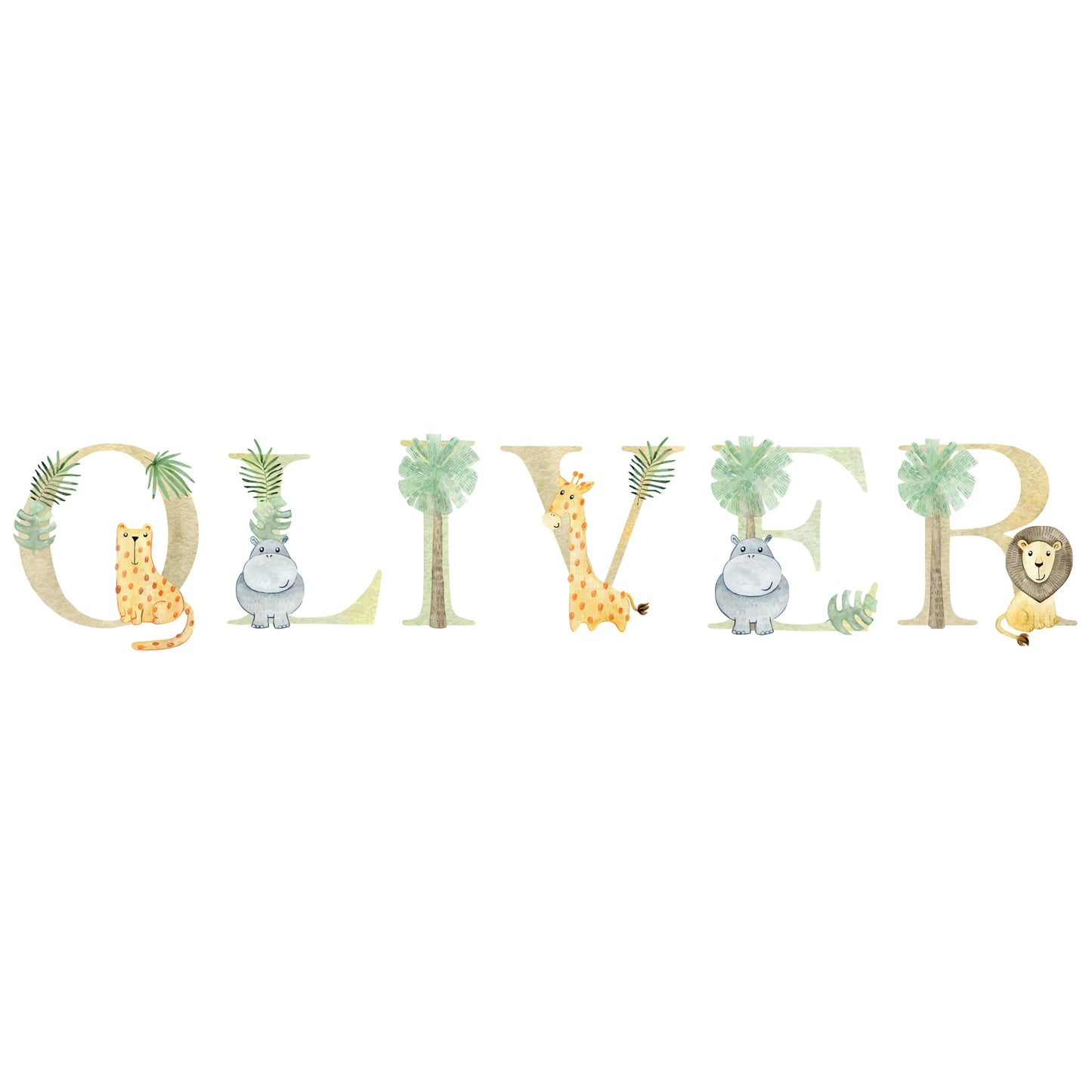 Watercolour Jungle Animal Wall Sticker - Animals on A-Z Letters Personalised Text Decal Wall Art