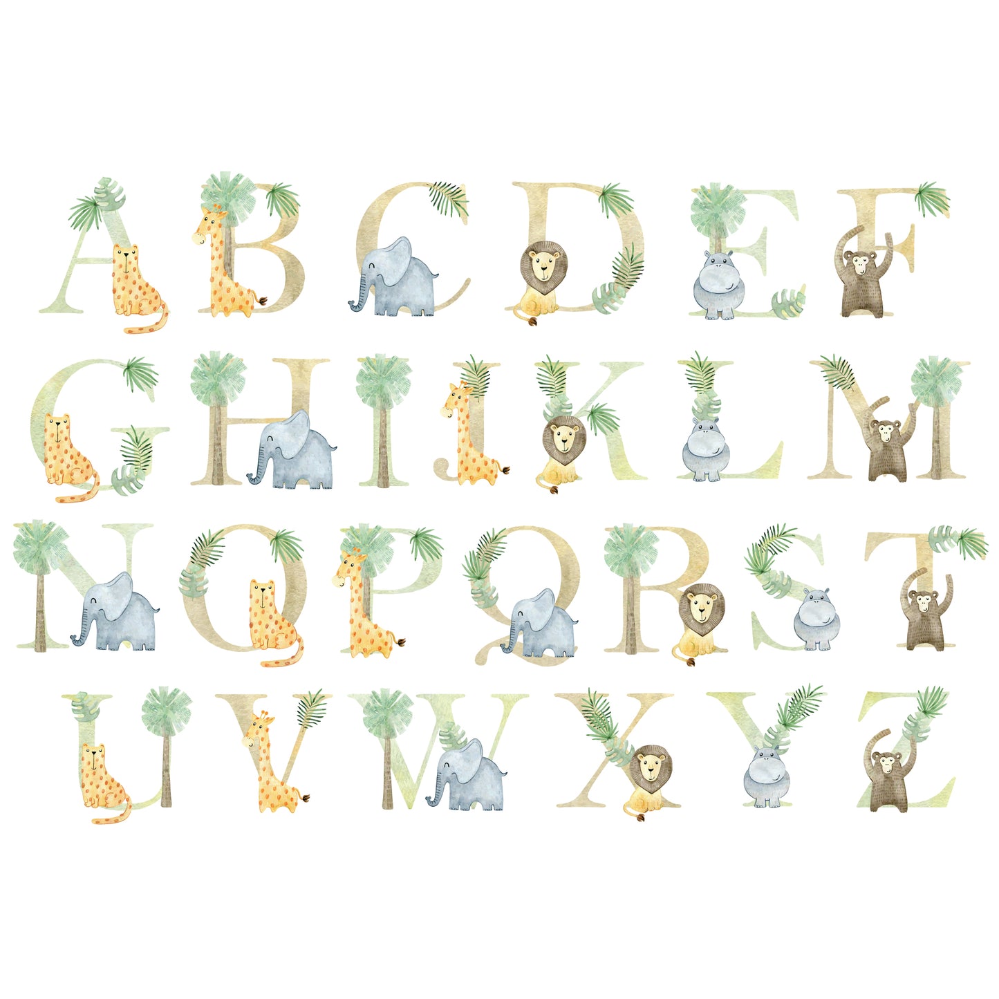 Watercolour Jungle Animal Wall Sticker - Animals on A-Z Letters Personalised Text Decal Wall Art