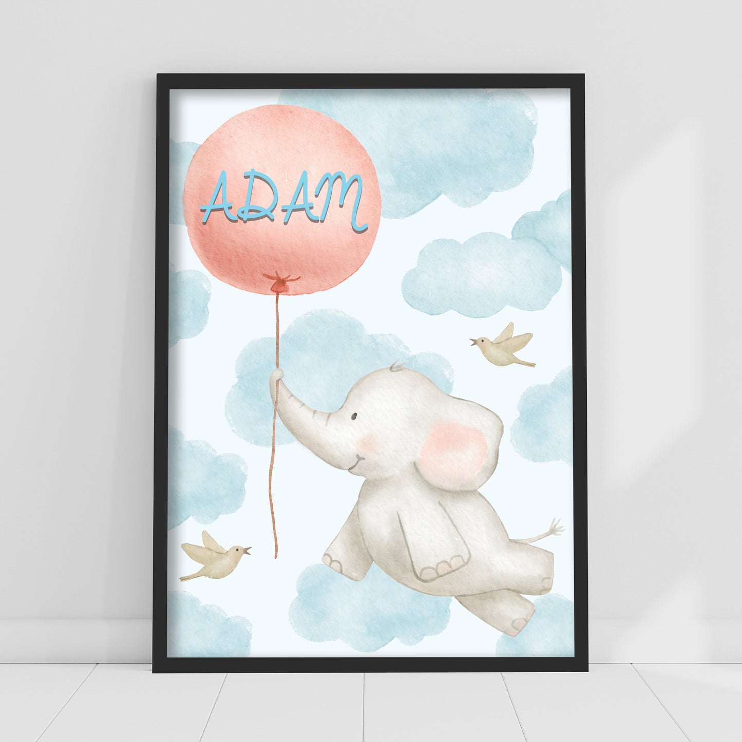 Watercolour Jungle Animal Wall Art Print - Elephant and Balloon Personalised Text Poster