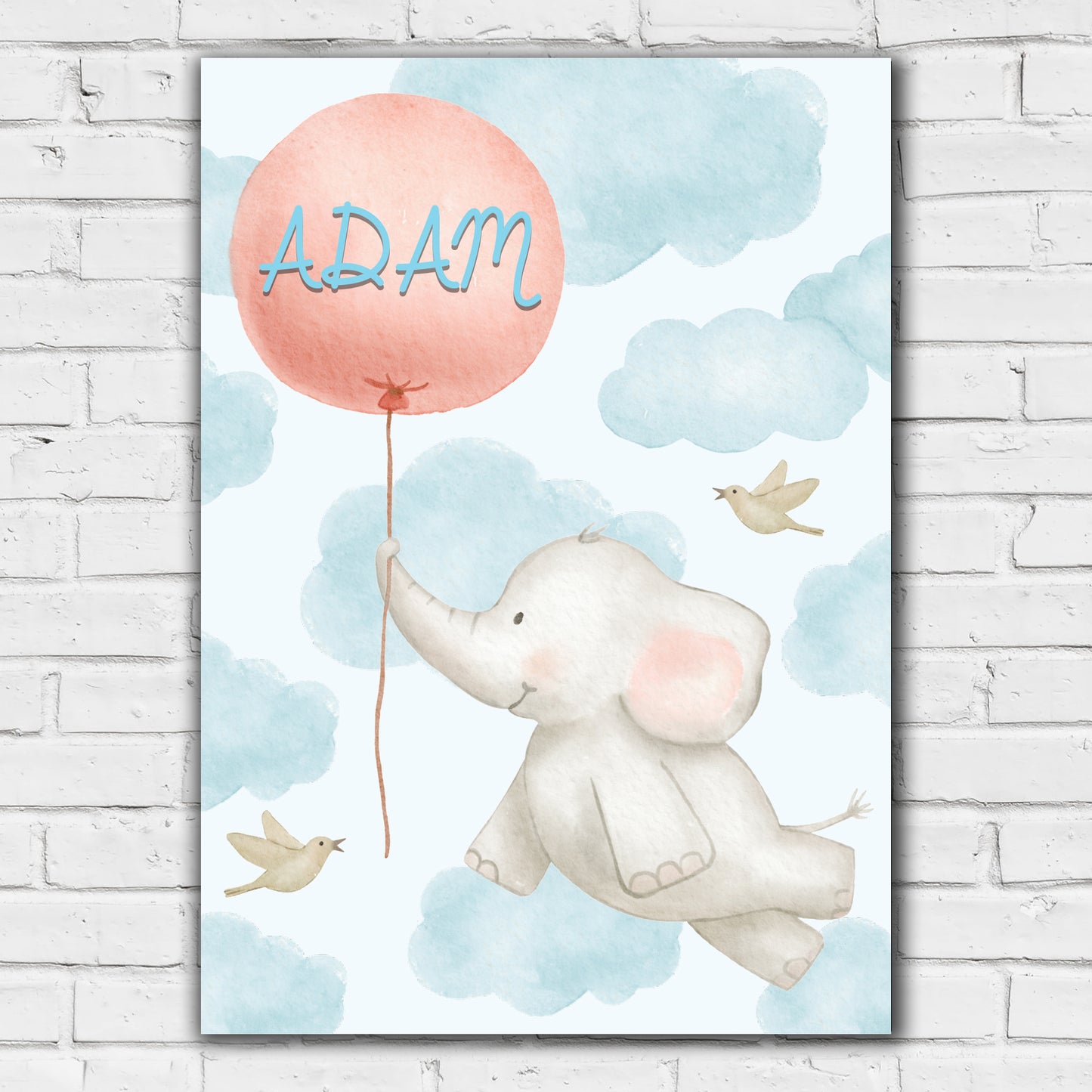 Watercolour Jungle Animal Wall Art Print - Elephant and Balloon Personalised Text Poster