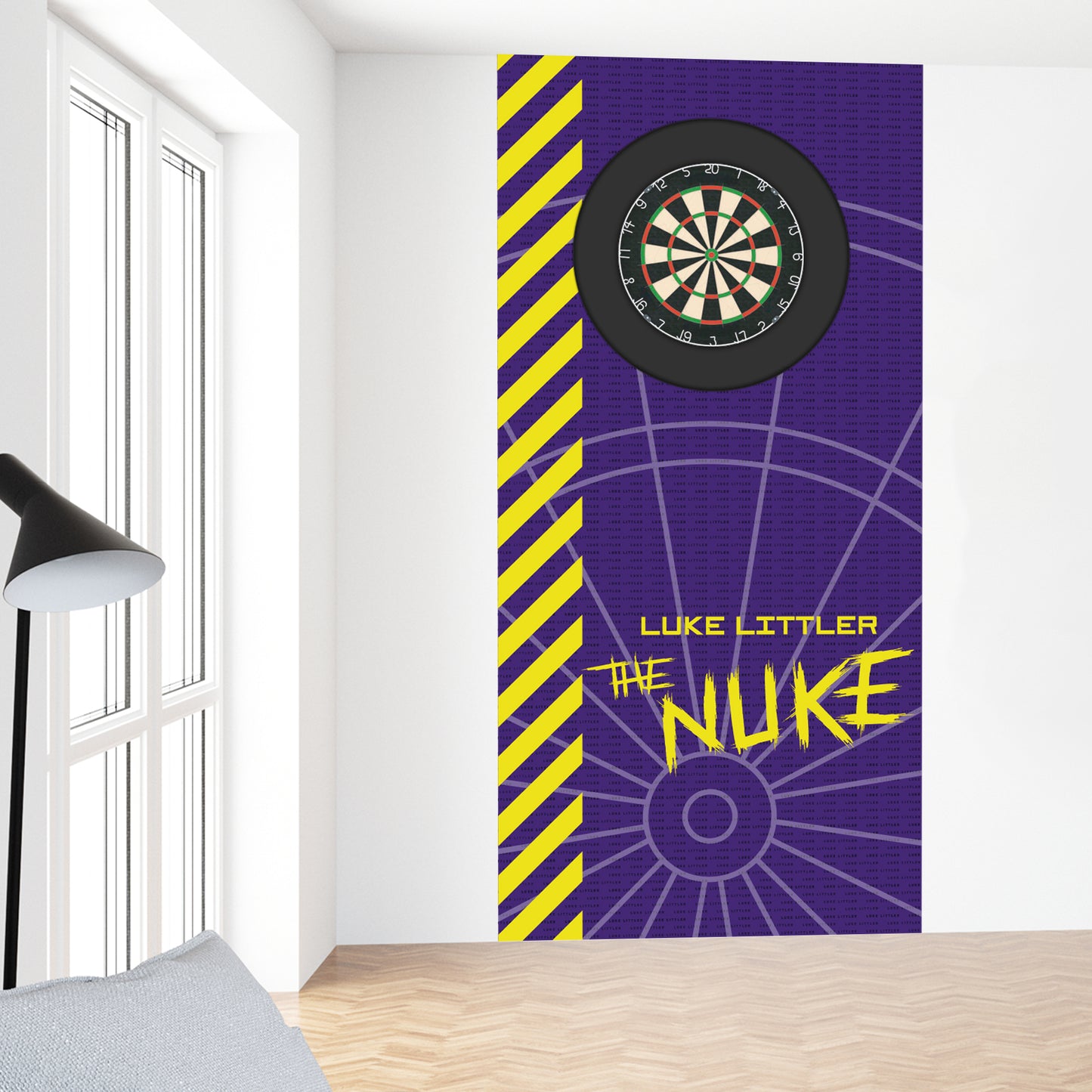 Luke Littler Dart Board Backdrop - Purple Camo with Left Neon Stripes Wall Sticker