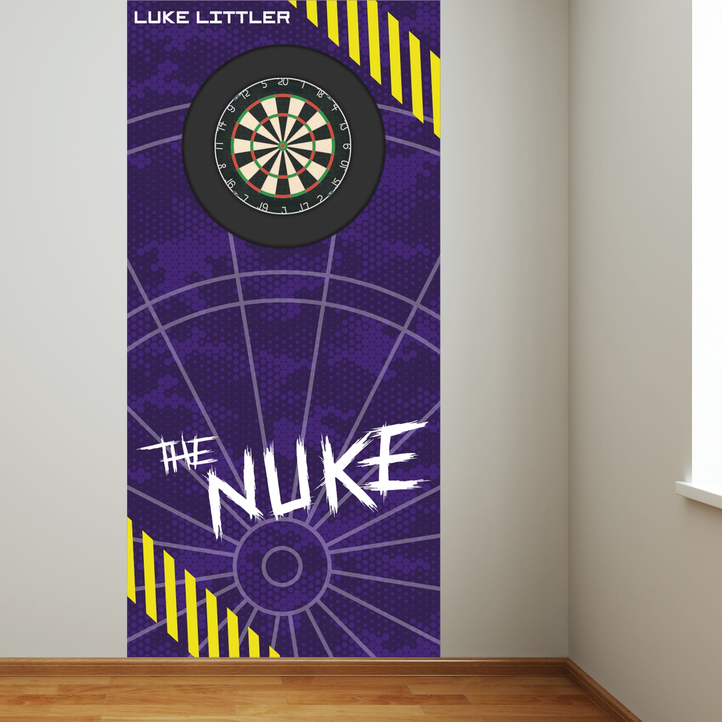 Luke Littler Dart Board Backdrop - Purple Camo with Neon Striped Corners Wall Sticker