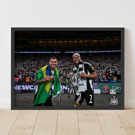 Newcastle United Cup Winners Print - Bruno and Joelinton with Trophy Poster