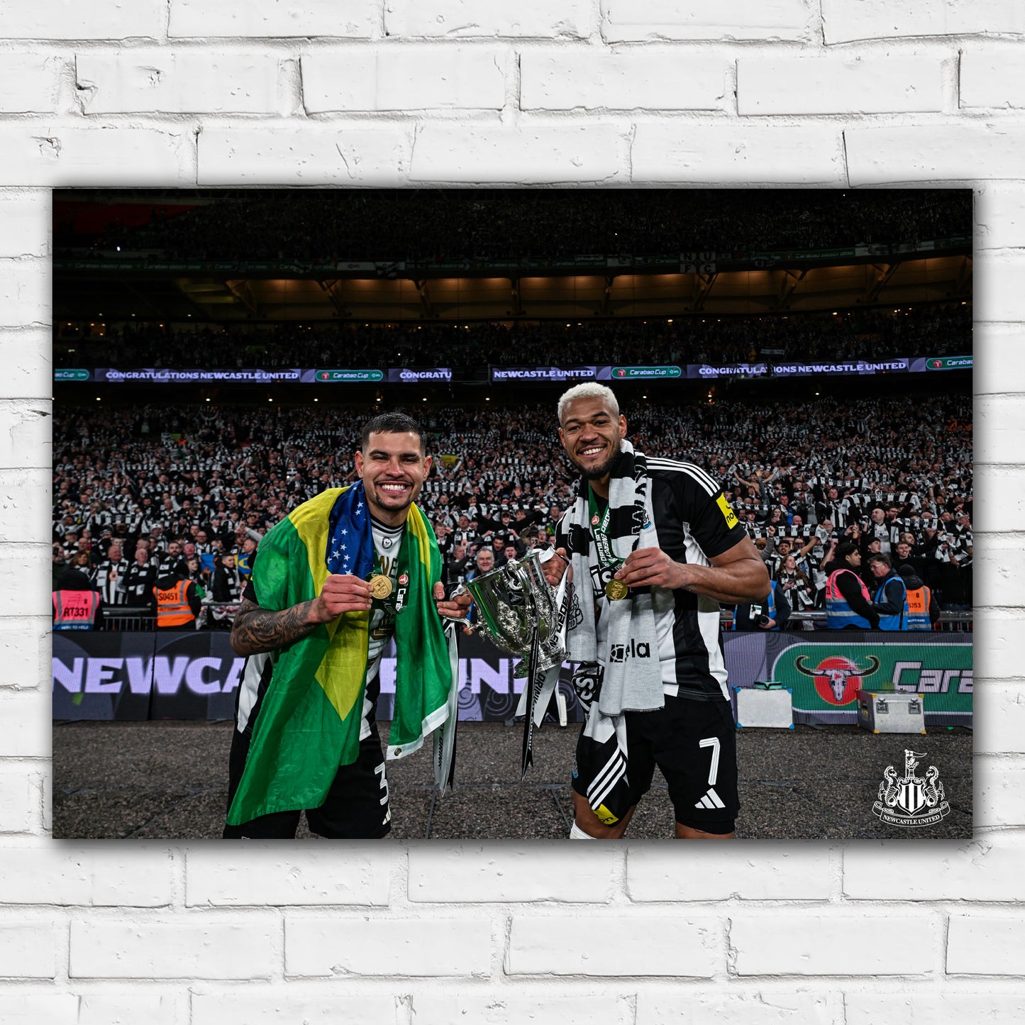 Newcastle United Cup Winners Print - Bruno and Joelinton with Trophy Poster