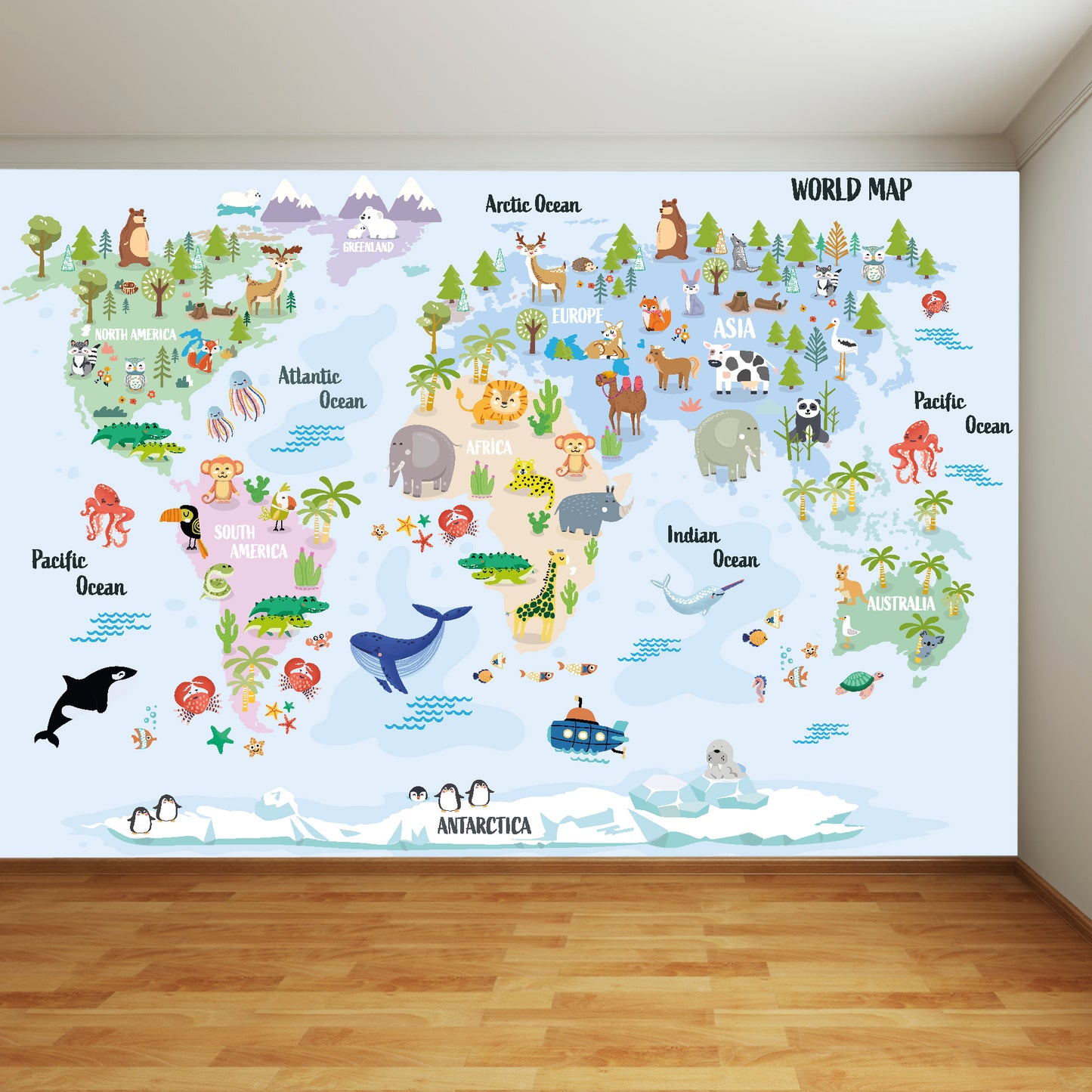Pastel Animal World Map In Detail Full Wall Mural