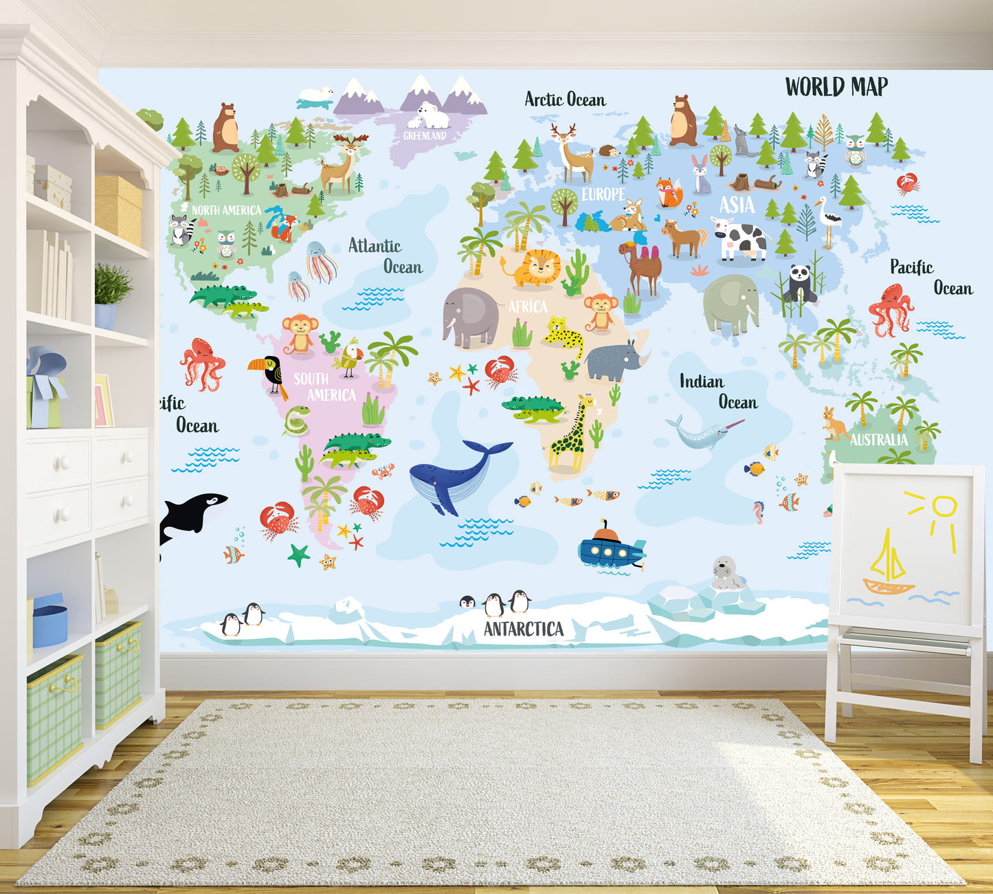 Pastel Animal World Map In Detail Full Wall Mural