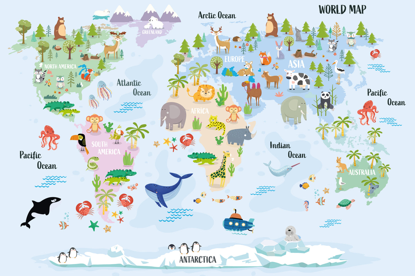 Pastel Animal World Map In Detail Full Wall Mural