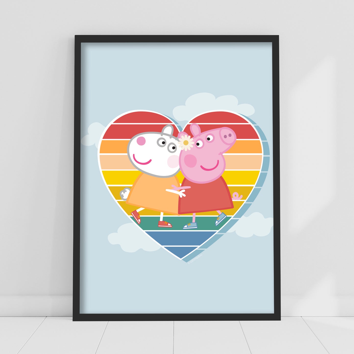 Peppa Pig Print - Peppa and Suzy Rainbow Heart and Clouds Poster Wall Art