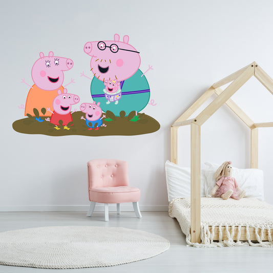 Peppa Pig Wall Sticker - Peppa Pig and Family Jumping in Muddy Puddles
