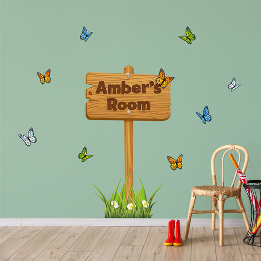 Butterfly Wall Sticker - Personalised Name Wooden Sign Art Decal