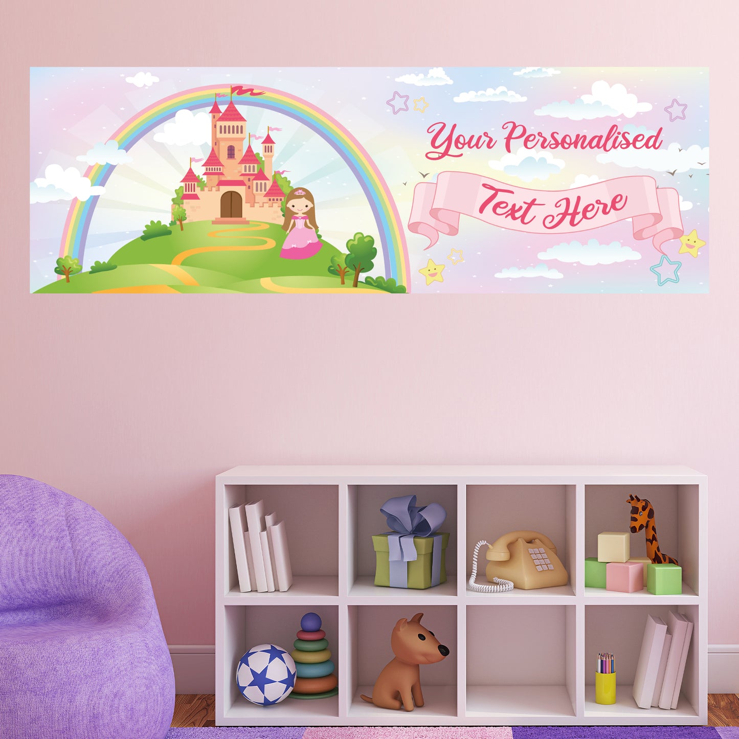 Princess Birthday – Rainbow Castle Personalised Banner Wall Sticker