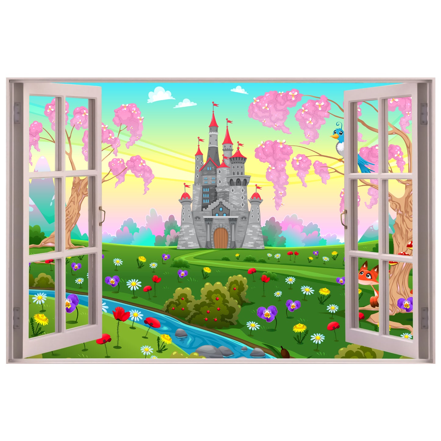 Princess Wall Sticker - Castle Flowers Open Window Decal Art