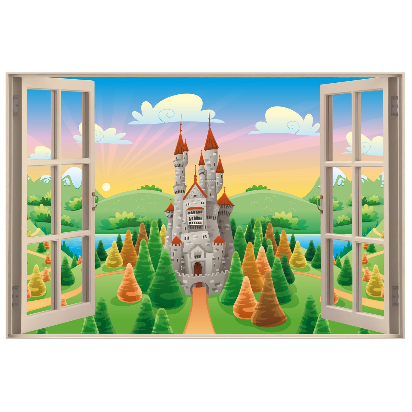 Princess Wall Sticker - Castle Sunrise Open Window Decal Art