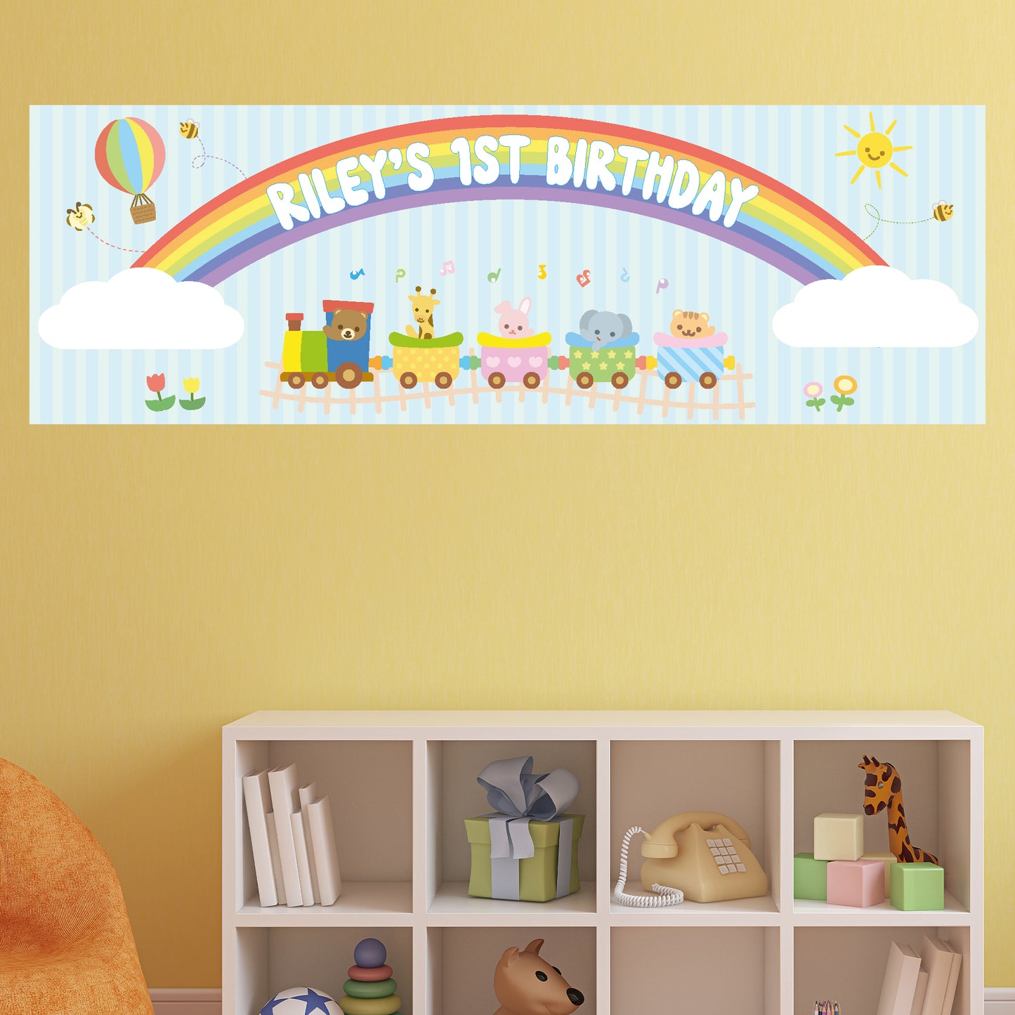 Rainbow Birthday – Animal Train Adventure Personalised Banner Wall Sticker