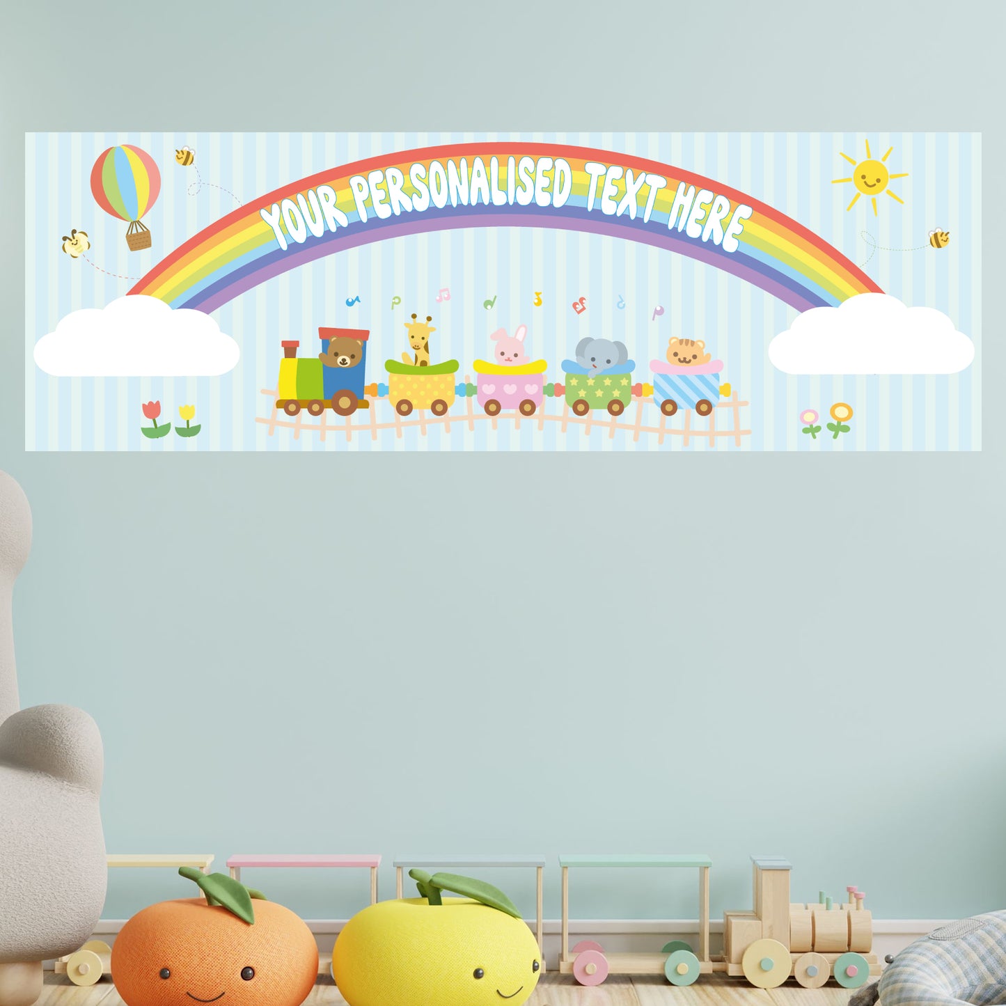 Rainbow Birthday – Animal Train Adventure Personalised Banner Wall Sticker