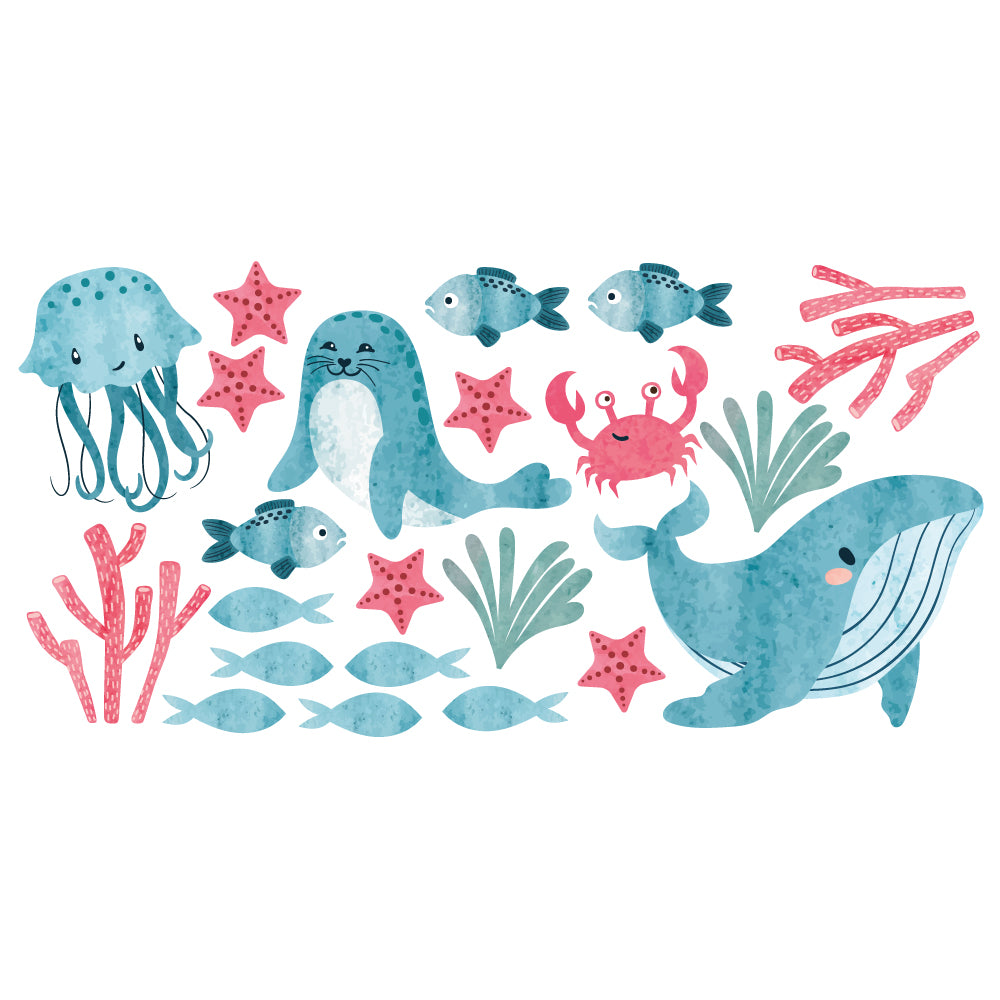 Watercolour Animals Wall Sticker - Red and Blue Sealife Set Decal Wall Art