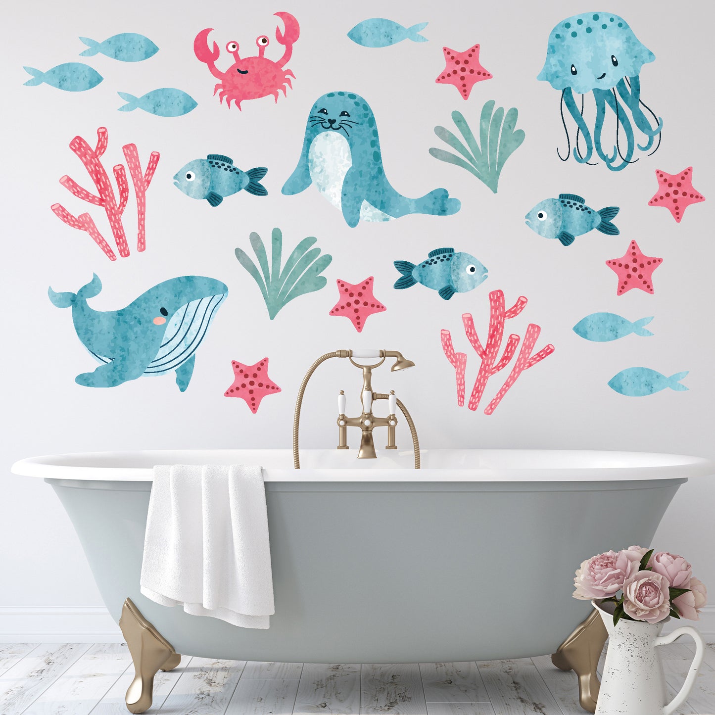 Watercolour Animals Wall Sticker - Red and Blue Sealife Set Decal Wall Art