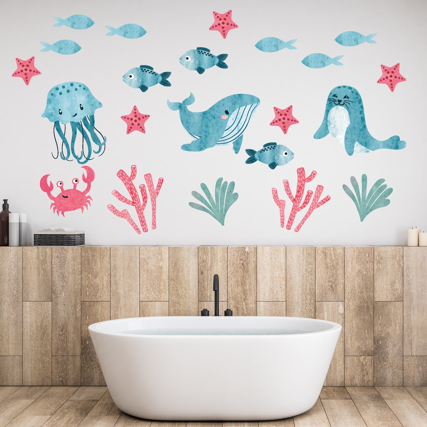 Watercolour Animals Wall Sticker - Red and Blue Sealife Set Decal Wall Art