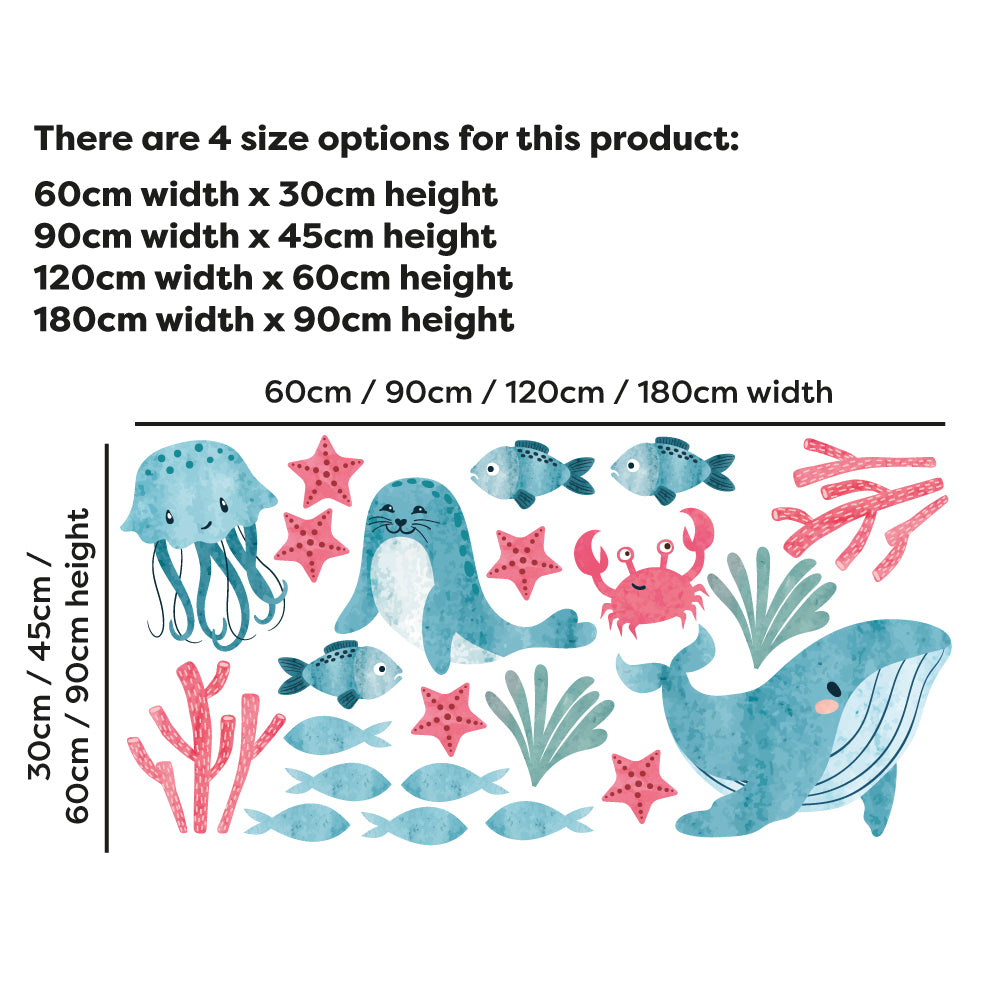 Watercolour Animals Wall Sticker - Red and Blue Sealife Set Decal Wall Art