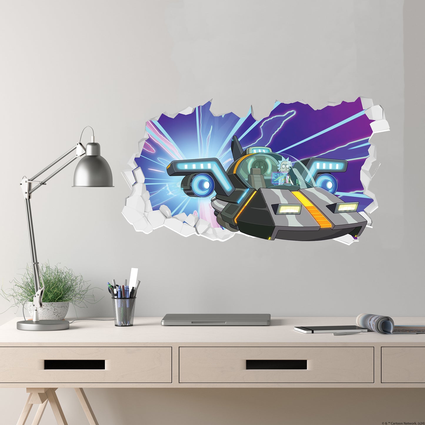 Rick and Morty Wall Sticker – Rick in Ship Flying Through Broken Wall Decal Art