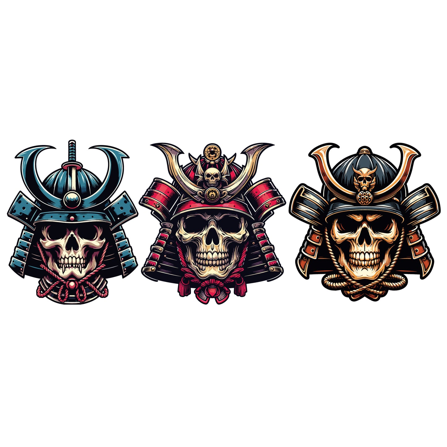 Samurai Wall Sticker - Samurai Warrior Skull Heads Set Decal Wall Art